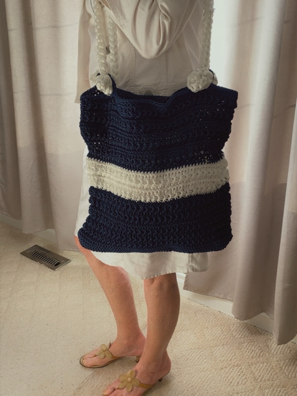 Hand-Crocheted Navy and White Stripe Tote Bag